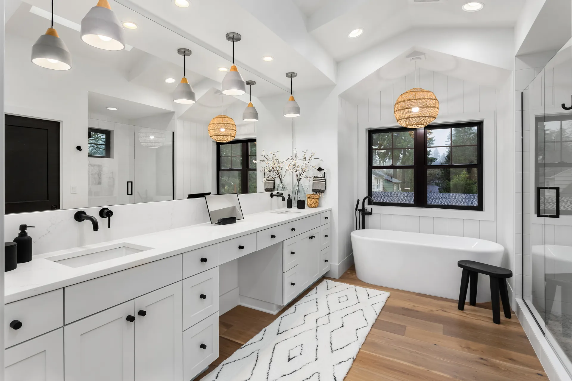 Farmhouse master bathroom double vanity freestanding tub